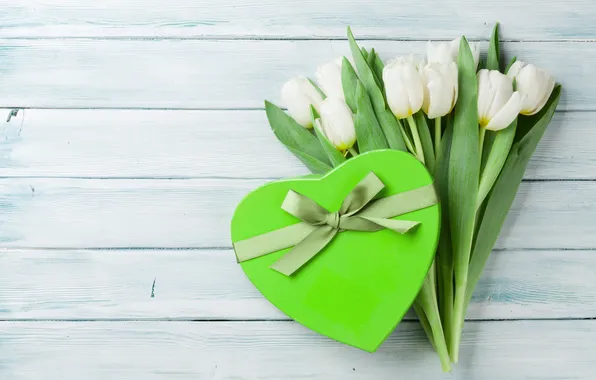 Картинка цветы, подарок, букет, тюльпаны, love, white, heart, wood