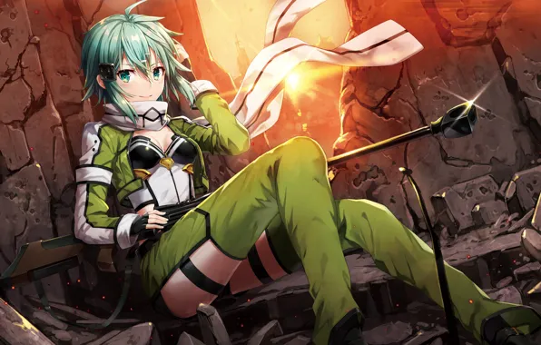 Девушка, оружие, anime, art, Sword Art Online, Gun Gale Online, Shinon, Asada Shino