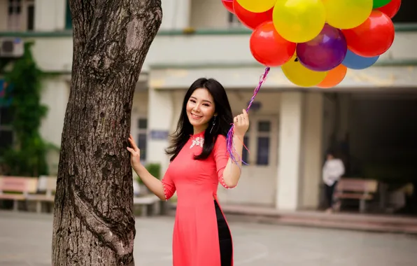 Девушка, улыбка, настроение, платье, азиатка, воздушные шарики, улыбается, вьетнамка