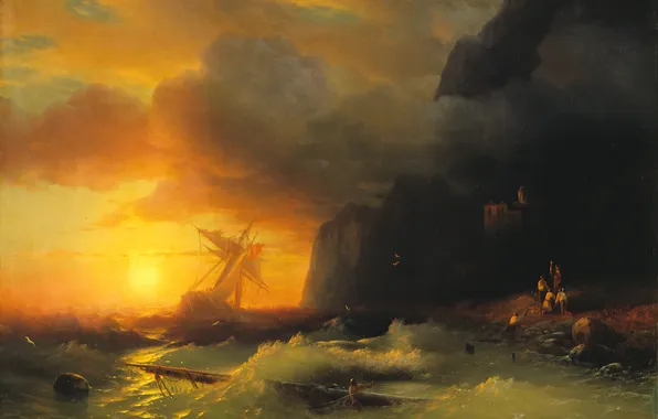 Картинка море, закат, шторм, буря, картина, кораблекрушение, Айвазовский, гора Афон
