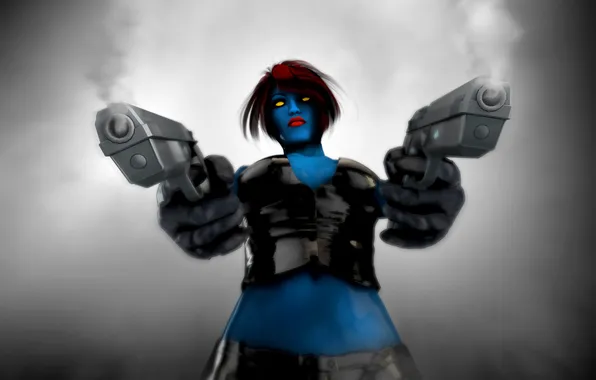 Картинка взгляд, оружие, Mystique, X-Men, marvel, красные волосы, Raven