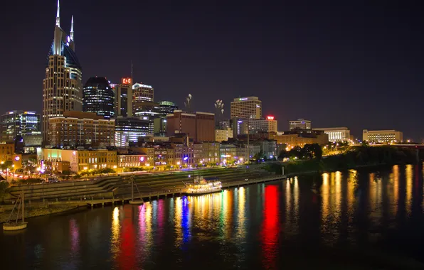 Ночь, город, река, фото, побережье, дома, США, Nashville