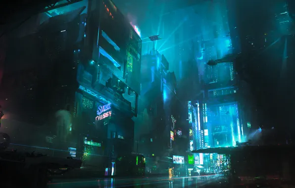 Картинка Ночь, Город, Будущее, Фантастика, Neon, Киберпанк, Cyberpunk, Неоны