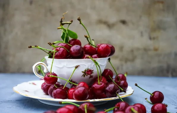 Лето, вишня, тарелка, чашка