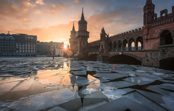 Ice, Germany, sunset, Berlin, Oberbaumbrücke