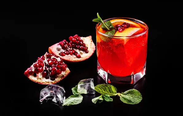 Лёд, напиток, мята, гранат, cocktail, pomegranate