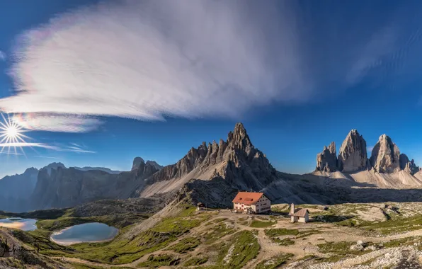 Картинка небо, горы, дома, Италия, Italy, озёра, Доломитовые Альпы, Dolomites