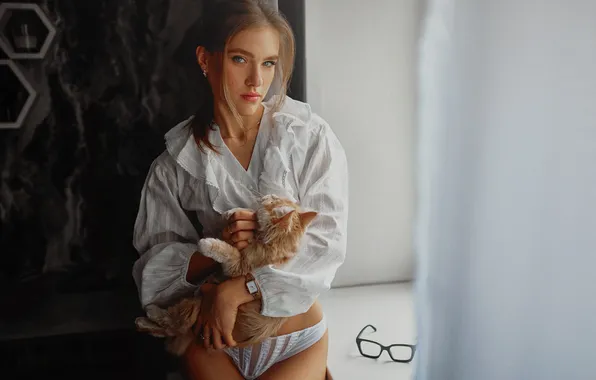 Поза, модель, трусики, очки, красотка, model, beauty, у окна