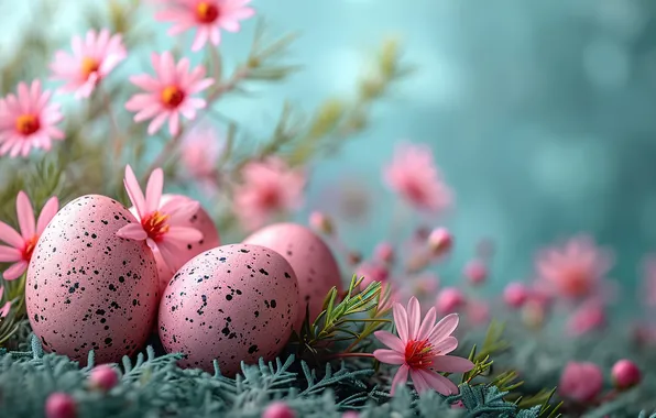 Цветы, яйца, весна, colorful, Пасха, happy, pink, flowers
