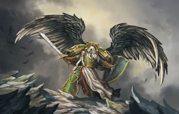 Скала, оружие, крылья, перья, воин, арт, щит, Warhammer