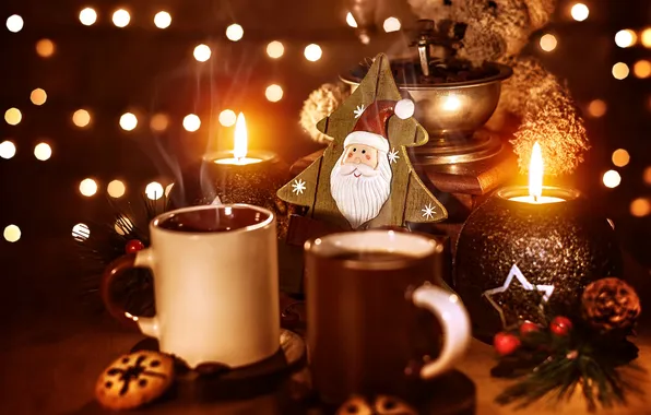 Картинка зима, свет, игрушки, кофе, свеча, зерна, Новый Год, печенье