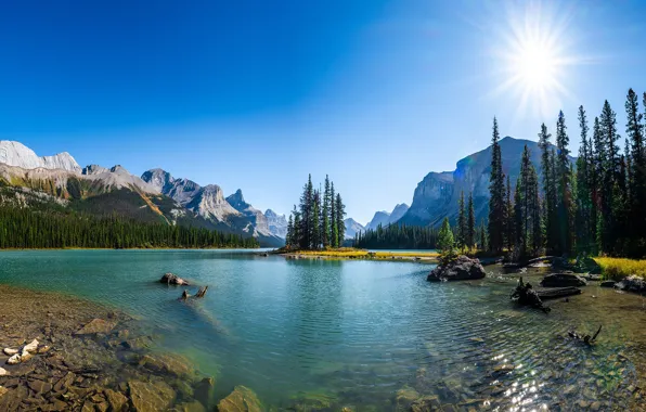 Лес, солнце, пейзаж, горы, озеро, Канада, Canada, Maligne Lake