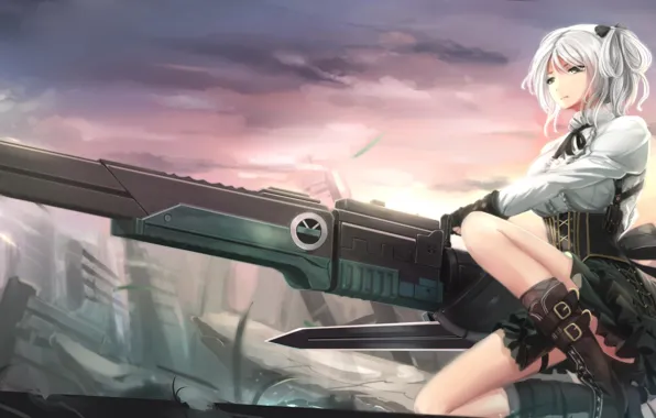 City, girl, sword, gun, game, soldier, sky, weapon