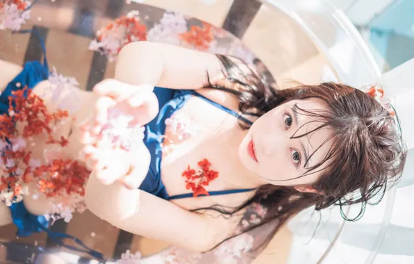 Beautiful, Asian, Model, Flower, Woman, Tub, Pretty, Japanese