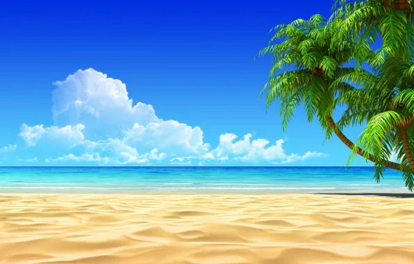 Картинка песок, море, облака, пальмы