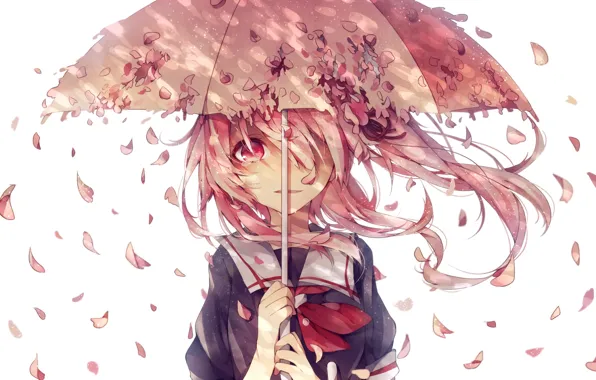 Девушка, зонт, аниме, лепестки, сакура, слезы, арт, форма