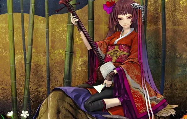 Картинка цветок, девушка, бамбук, лента, кимоно, музыкальный инструмент