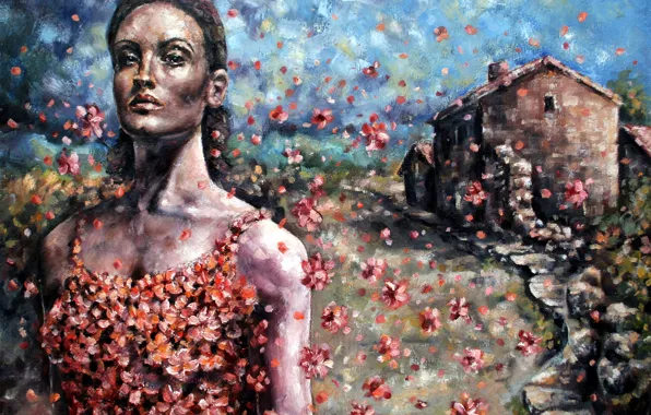 Дорога, девушка, цветы, реализм, лепестки роз, живопись маслом, картина painting, Parsadanov