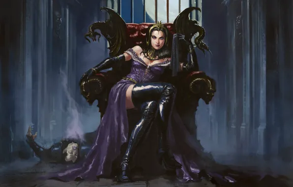 Девушка, маг, некромант, Liliana, Magic: The Gathering, сидит на троне