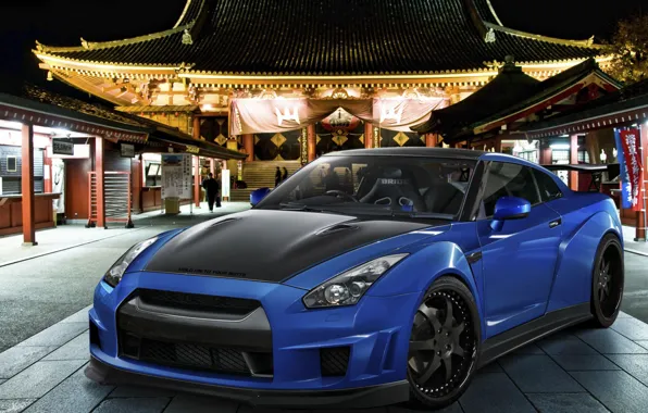 Ночь, blue, Nissan GTR