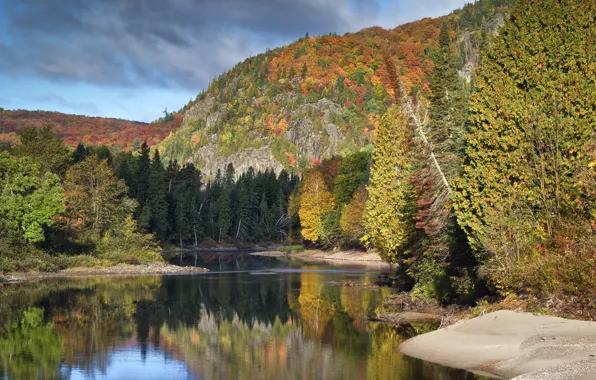 Осень, лес, деревья, горы, река, Канада, Онтарио