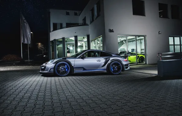 Картинка ночь, здания, 911, Porsche, street, TechArt, Turbo GT