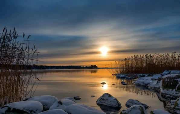 Картинка зима, закат, озеро