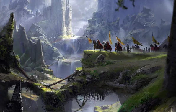 Картинка горы, пропасть, рыцари, A long journey, fantasy port castle