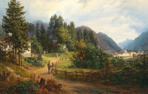 Картинка 1851, Austrian painter, австрийский живописец, A view of Bad Ischl, Вид на Бад - Ишль, …
