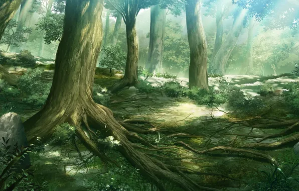 Картинка трава, свет, деревья, природа, корни, камни, растения, аниме