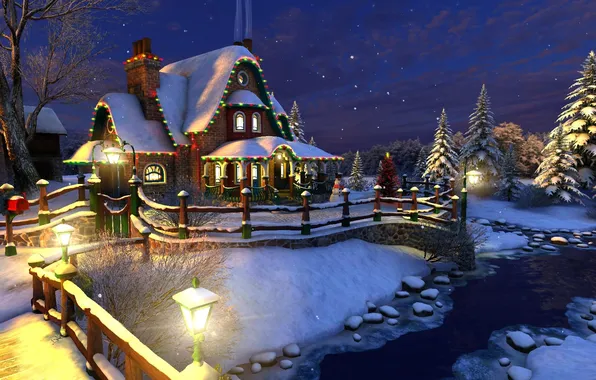 Картинка праздник, Рождество, домик, снеговик