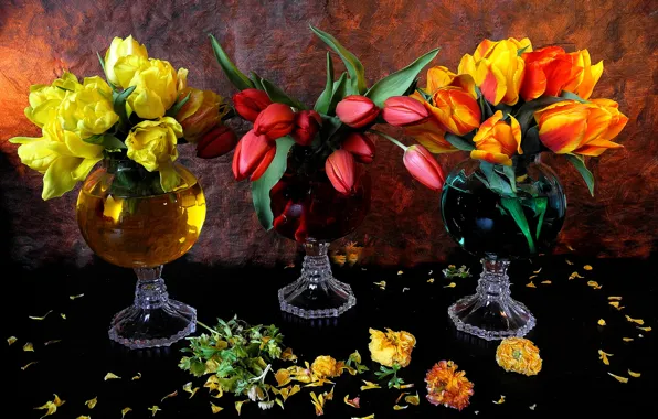 Картинка листья, цветы, лепестки, тюльпаны, вазы