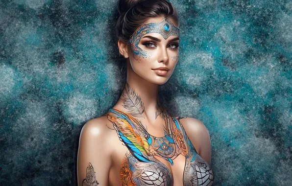 Грудь, взгляд, девушка, макияж, шатенка, украшение, красотка, живопись