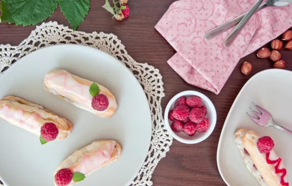 Картинка малина, пирожное, крем, десерт, сладкое, эклеры