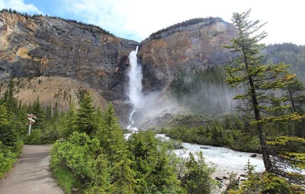 Небо, деревья, горы, река, водопад, Канада, Canada, Takkakaw Falls
