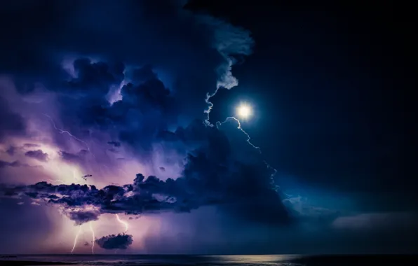 Картинка гроза, тучи, молнии, Луна, moon, lightning, clouds, thunderstorm