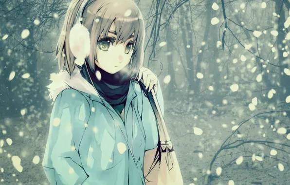 Картинка холод, зима, взгляд, девушка, снег, волосы, аниме, сумка