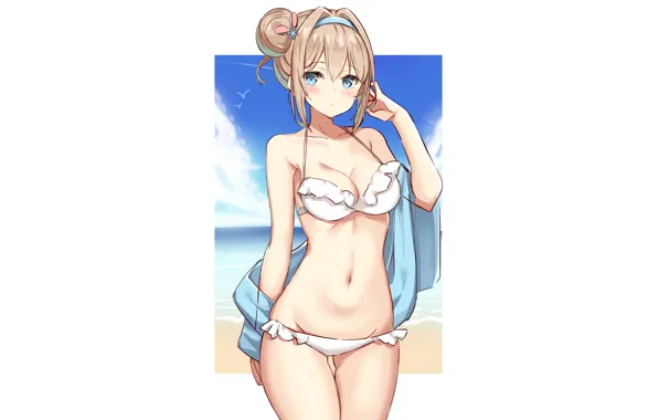 Girl, sexy, cleavage, beach, sea, boobs, anime, blue eyes