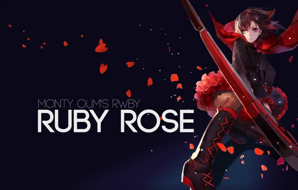 Картинка взгляд, девушка, аниме, ботинки, арт, лепестки роз, Ruby Rose