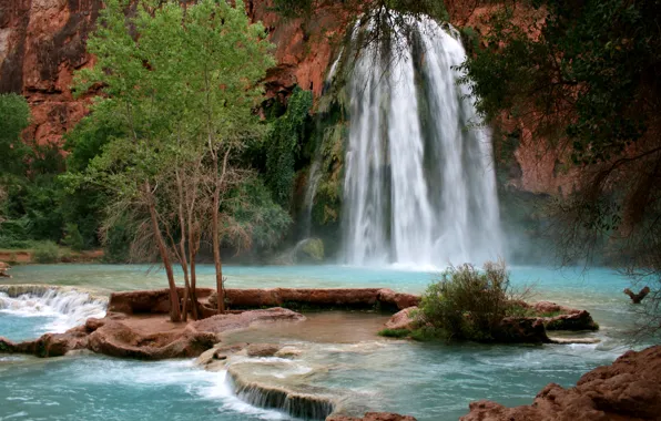 Картинка природа, водопад, Arizona, горная река, Grand Canyon, Havasupai Indian Reservation, Havasu Falls