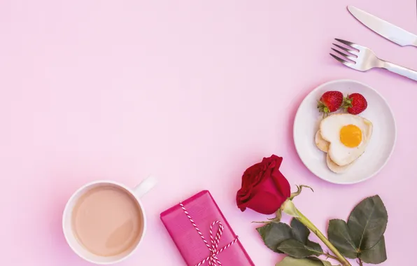 Любовь, розы, завтрак, love, яичница, pink, romantic, coffee cup