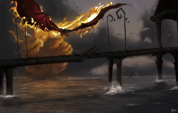Картинка мост, река, огонь, дракон, ситуация, арт, fantasy, Hellfire