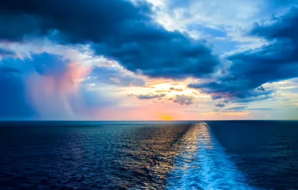 Картинка волны, небо, вода, закат, тучи, природа, Океан, горизонт