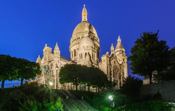 Картинка ночь, огни, Франция, Париж, Монмартр, базилика Сакре-Кёр