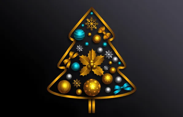 Украшения, золото, елка, Рождество, Новый год, golden, christmas, черный фон