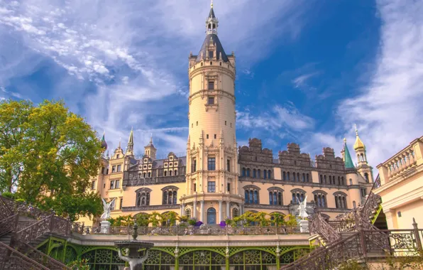 Замок, башня, Германия, архитектура, Шверин, Schwerin Castle
