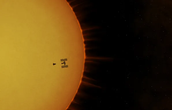 Картинка солнце, Atlantis, космическая станция, ISS