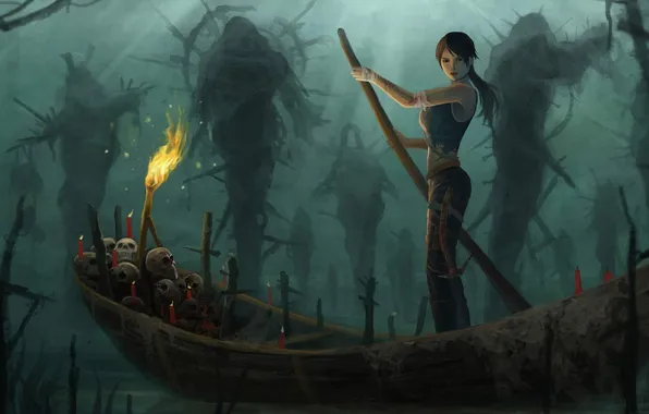 Девушка, лодка, свечи, арт, факел, черепа, мрачно, Lara Croft