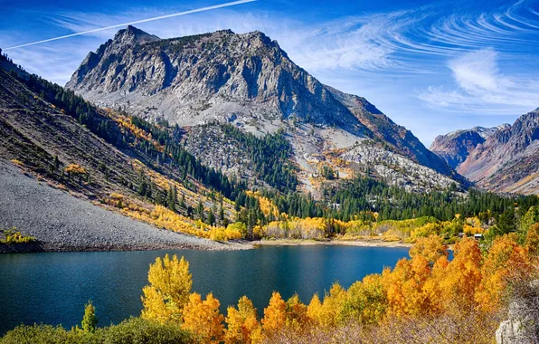Картинка осень, небо, облака, деревья, горы, озеро