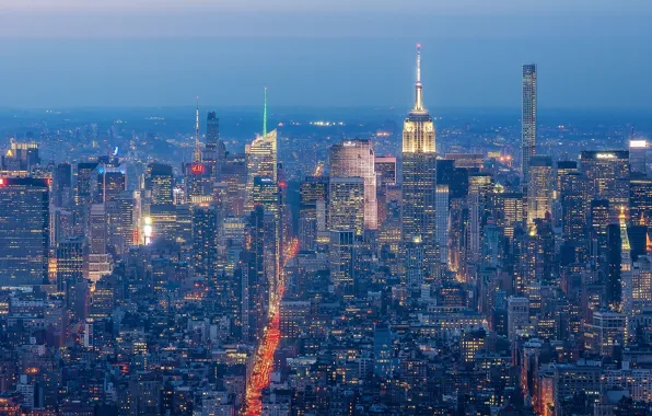 Здания, Нью-Йорк, панорама, ночной город, Манхэттен, небоскрёбы, Manhattan, New York City